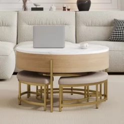 Lift Top Coffee Table With 3 Ottoman, Modern Round Center Table With Hidden Storage, Wood Cocktail Table For Living Room Bedroom Office -Garvee GUEST bfae3833 06dd 478f 96dc 168f8955858f