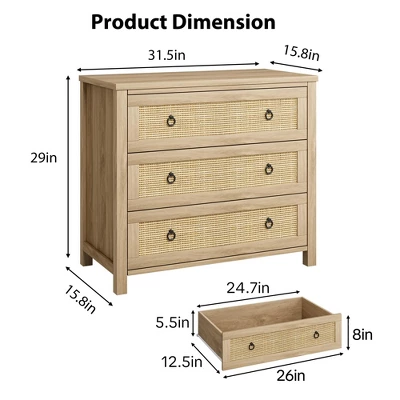 Freestanding Rattan Cabinet Dresser With Anti-Tip Design And Storage Drawer, Wooden Closet Dressers Chest For Bedroom, Living Room, Natural Wood 3 Freestanding Rattan Cabinet Dresser With Anti-Tip Design And Storage Drawer, Wooden Closet Dressers Chest For Bedroom, Living Room, Natural Wood