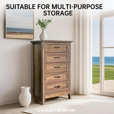 Garvee Chest Of Dresser, Vintage Wood 5 Drawer Tall Dresser Storage Organizer For Closet, Bedroom, Nursery, Living Room, Hallway, White 7 Garvee Chest Of Dresser, Vintage Wood 5 Drawer Tall Dresser Storage Organizer For Closet, Bedroom, Nursery, Living Room, Hallway, White - Image 5