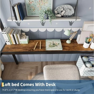 Loft Bed Twin Size With Large Desk And 2-Tier Storage Shelves, Heavy Duty Metal Loft Bed With Ladder And Guardrail For Kids And Adults 5 Loft Bed Twin Size With Large Desk And 2-Tier Storage Shelves, Heavy Duty Metal Loft Bed With Ladder And Guardrail For Kids And Adults - Image 3