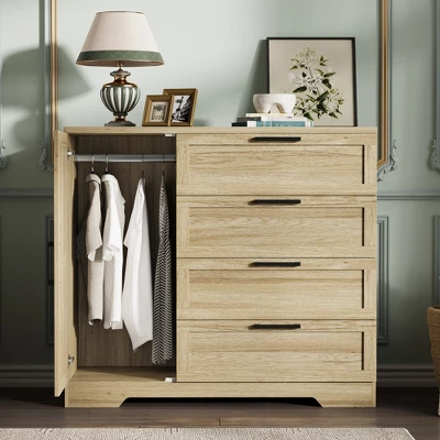 Garvee 43.3'' H Armoire Wardrobe Closet With 4 Drawers And 2 Doors, Hanging Rod, Multifunctional Wooden Dresser With Storage Closet 3 Garvee 43.3'' H Armoire Wardrobe Closet With 4 Drawers And 2 Doors, Hanging Rod, Multifunctional Wooden Dresser With Storage Closet