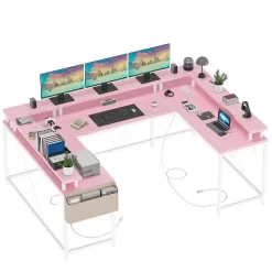 U Shaped Computer Gaming Desk, Reversible L Shaped Desk With Power Outlets, LED Strip & Monitor Stand -Garvee GUEST c11ace19 9cf0 4d69 96eb d25411d0382c
