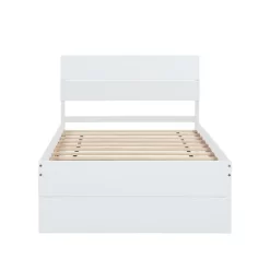 Modern Twin Bed Frame With Twin Trundle, Solid Wood Platform Bed With Headboard, No Box Spring Needed, Wooden Slats Supports, White -Garvee GUEST c1d6988f c68e 4d68 8568 df6bd419419f