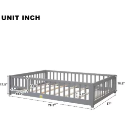 Grey Twin Size Floor Bed With Door And Fence For Kids, Floor Bed With Slats And Safety Guardrails,Solid Wood Twin Bed Frame For Girls Boys