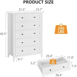 5 Drawers Dresser For Bedroom, Farmhouse Tall Wood Chest Of Drawers For Clothes, Big Storage Dressers Organizer With Gold Handles For Bedroom, White