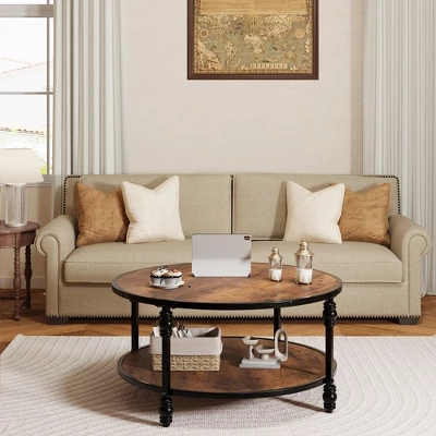 Garvee Coffee Table Round Rustic Center Table With Storage Shelf Wood Circle Coffee Table With Sturdy Metal Legs Living Room 6 Garvee Coffee Table Round Rustic Center Table With Storage Shelf Wood Circle Coffee Table With Sturdy Metal Legs Living Room - Image 4