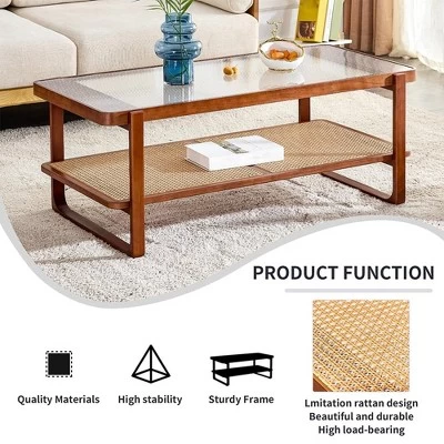 Modern Rattan Coffee Table,Rectangular Center Table With Tempered Glass Tabletop,2 Tier Wood Tea Table For Living Room Office Bedroom 4 Modern Rattan Coffee Table,Rectangular Center Table With Tempered Glass Tabletop,2 Tier Wood Tea Table For Living Room Office Bedroom - Image 2