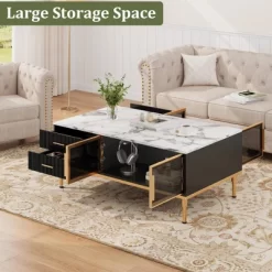 Whizmax Faux Marble Coffee Table - Modern Living Room Table With 4 Drawers & Glass Doors, Fluted Panel Design -Garvee GUEST c4f464af afe4 454f 87db 316a47e75c53