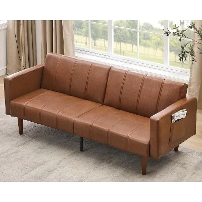75" Futon Sofa Bed, Mid-Century Modern Futon Couch, Convertible Sleeper Sofa With Adjustable Backrest, Loveseat With Side Pockets, PU Leather, Brown 7 75" Futon Sofa Bed, Mid-Century Modern Futon Couch, Convertible Sleeper Sofa With Adjustable Backrest, Loveseat With Side Pockets, PU Leather, Brown - Image 5