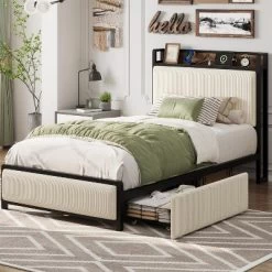 Twin Size Bed Frame With Storage Drawers & Charging Station - Rustic Velvet Upholstered Platform Bed, No Box Spring Needed -Garvee GUEST c5cd4a2b 4745 4ce8 b597 5bb28d8b9b4a