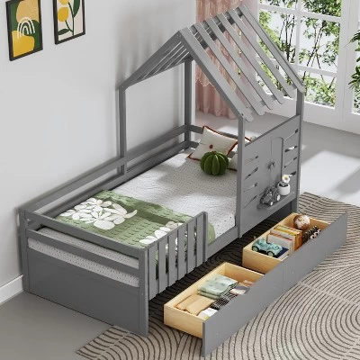 Twin Size House Bed For Kids, Twin Bed With Rails And 2 Storage Drawers, Wooden Playhouse Beds With Roof And Window 7 Twin Size House Bed For Kids, Twin Bed With Rails And 2 Storage Drawers, Wooden Playhouse Beds With Roof And Window - Image 5