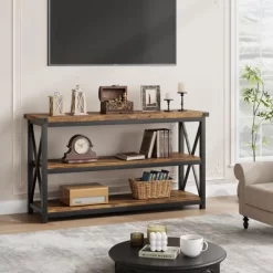 Whizmax Industrial Console Table For Entryway, 47.2" Narrow Entryway Table With Storage, 3 Tier Wood Sofa Table For Living Room, Hallway, ,Entryway