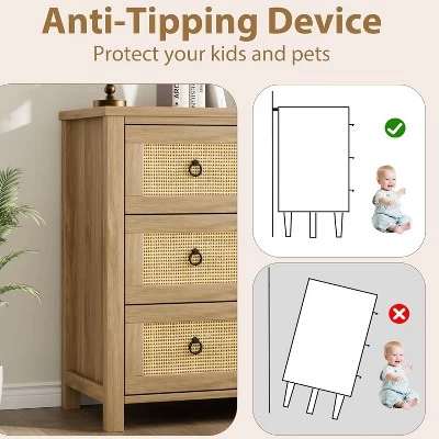 Rattan 3 Dresser For Bedroom, 29" Boho Tall Drawer Dresser With Storage, Wooden Closet Dressers Chest Of Drawers Freestanding For Home, Natural 7 Rattan 3 Dresser For Bedroom, 29" Boho Tall Drawer Dresser With Storage, Wooden Closet Dressers Chest Of Drawers Freestanding For Home, Natural - Image 5