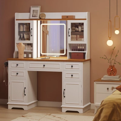 Vanity Desk With LED Lighted Mirror, Makeup Vanity Table With 5 Drawers, 4 Doors, And 3 Storage Shelves For Bedroom, Dressing Room 11 Vanity Desk With LED Lighted Mirror, Makeup Vanity Table With 5 Drawers, 4 Doors, And 3 Storage Shelves For Bedroom, Dressing Room - Image 9