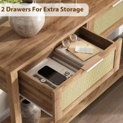 Rattan Console Table With 2 Drawers, Wooden Entryway Table With Rattan Sliding Door -Garvee GUEST c8f53816 42e0 4410 b317 d14b0031b8e7