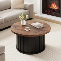 Garvee Round Coffee Table, Mid Century Modern Coffee Table With Metal Base, 31.9" Fluted Center Table For Living Room, Home Small Space, -Garvee GUEST c9665bae fb70 4e55 a9ad 8f82cabbb809