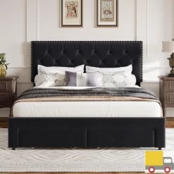 Garvee Upholstered Full Bed Frame With Storage Drawers, Velvet Platform Bed With Tufted Headboard & Rivets, No Box Spring Needed, Noise Free, Black -Garvee GUEST c9ee8269 493a 4b46 8162 33d1e67c2a3f