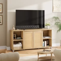 70 Inch TV Stand, Boho TV Stand With Rattan Cabinet Doors, Entertainment Center With 4 Open Shelve, Mid-Century Modern TV Stands - Natural -Garvee GUEST ca42473d a2cd 4fb2 b825 86b6f249a293