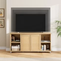 70 Inch TV Stand, Boho TV Stand With Rattan Cabinet Doors, Entertainment Center With 4 Open Shelve, Mid-Century Modern TV Stands - Natural -Garvee GUEST ca522051 2eff 40ce 8b0f 67a36ba48b82