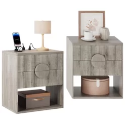 Fluted Nightstand With Charging Station - 2 Drawers + Open Shelf, Modern Wood Bedside Table For Bedroom & Living Room Storage -Garvee GUEST ca7589ea c380 45ba 9b99 616eba498e87