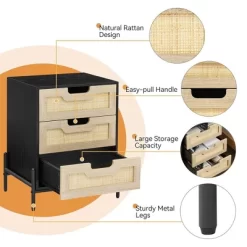 Whizmax Rattan Nightstand, Night Stand With 3 Drawers, Farmhouse End Table With Metal Handle, Bedside Table For Bedroom Living Room Small Space -Garvee GUEST ca8af160 e5fe 4ea8 97bc b58b5fd12654