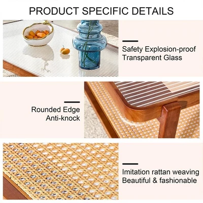 Modern Rattan Coffee Table,Rectangular Center Table With Tempered Glass Tabletop,2 Tier Wood Tea Table For Living Room Office Bedroom 7 Modern Rattan Coffee Table,Rectangular Center Table With Tempered Glass Tabletop,2 Tier Wood Tea Table For Living Room Office Bedroom - Image 5