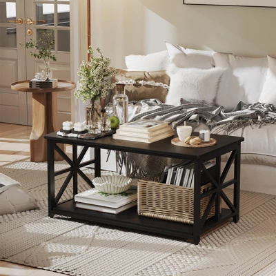 2-Tier Coffee Table For Small Spaces, X-Frame Living Room Low Coffee Table With Storage Shelf 7 2-Tier Coffee Table For Small Spaces, X-Frame Living Room Low Coffee Table With Storage Shelf - Image 5