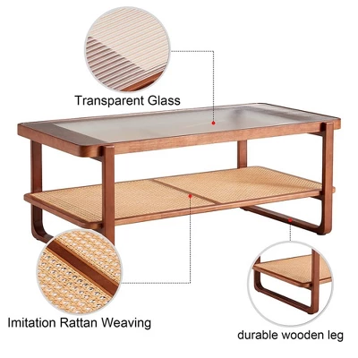 Modern Rattan Coffee Table,Rectangular Center Table With Tempered Glass Tabletop,2 Tier Wood Tea Table For Living Room Office Bedroom 6 Modern Rattan Coffee Table,Rectangular Center Table With Tempered Glass Tabletop,2 Tier Wood Tea Table For Living Room Office Bedroom - Image 4
