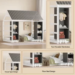 Twin Size Floor Bed With 2 Movable Wardrobes And Low Design,Platform Bed Frame W/Roof & Slat,Floor House Bed Frame For Kids, Easy Assembly 11 Twin Size Floor Bed With 2 Movable Wardrobes And Low Design,Platform Bed Frame W/Roof & Slat,Floor House Bed Frame For Kids, Easy Assembly -Garvee GUEST cbfdf520 54ef 45ae 8eca 852da1cb2278