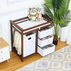 Wooden Baby Changing Table Solid Wood Diaper Changing Station Changing Table With Laundry Basket And Drawer