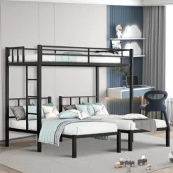 Triple Bunk Bed For Kids & Teens - Metal Frame, Detachable Into 3 Twin Beds, Black Finish -Garvee GUEST cc24a8f1 2d93 4089 bbe5 024055d0791d