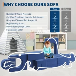 Kids Couch For Building Fort Toy,22pcs DIY Toddler Sofa,Velvet Toddler Futon Sofa Bed For Playroom, Bedroom,Grey