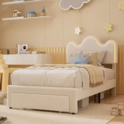Twin Bed Frame With Adjustable Upholstered Headboard Girls Boucle Platform Bed Frame With Storage Drawers Princess Bed Frame For Kids -Garvee GUEST ce3c6d7b e67f 46ad 83b1 b2245e888d7f