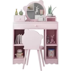 WhizMax Kids Vanity, 2 In 1 Princess Makeup Desk & Chair Set With Drawers, Storage Shelves, Toddler Dressing Table, Pink