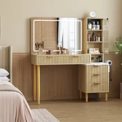 Makeup Vanity Desk With Lights, Fluted Wooden Dressing Table With 5 Drawers And Adjustable Shelves, Makeup Vanity Table Modern Glass Top For Bedroom -Garvee GUEST cfa43964 e642 449f 8038 f68312124e85