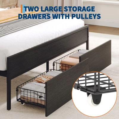 Full Bed Frame With Headboard And Storage, Heavy Duty Bed Frames With 2 Storage Drawers, Black Bedframe With Charging Station, No Box Spring Needed 6 Full Bed Frame With Headboard And Storage, Heavy Duty Bed Frames With 2 Storage Drawers, Black Bedframe With Charging Station, No Box Spring Needed - Image 4
