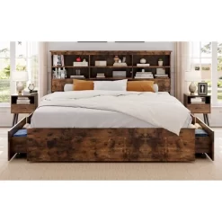 Storage Wooden Bed Frame With Bookcase Headboard And 4 Large Drawers