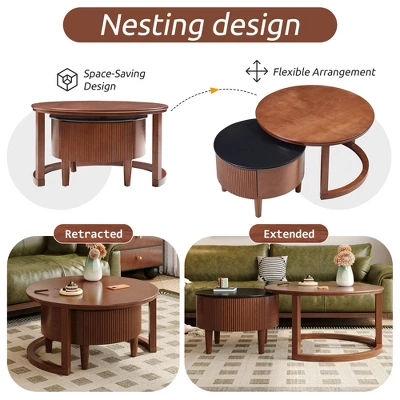 Farmhouse Nesting Coffee Table 31.5" & 22.8" Small Round Living Room Coffee Table With Drawer 4 Farmhouse Nesting Coffee Table 31.5" & 22.8" Small Round Living Room Coffee Table With Drawer - Image 2