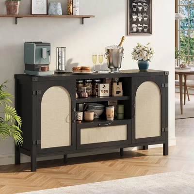 Rattan Sideboard Buffet Cabinet With Drawer & Open Shelves, Boho Farmhouse Coffee Bar For Kitchen, Dining Or Living Room 10 Rattan Sideboard Buffet Cabinet With Drawer & Open Shelves, Boho Farmhouse Coffee Bar For Kitchen, Dining Or Living Room - Image 8