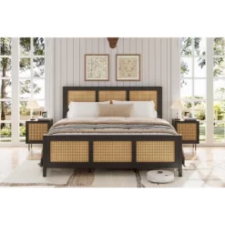 Rattan Bed Frame With Headboard, Boho Cane Platform Bed Frame With Strong Metal Slat,Black