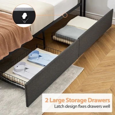 Whizmax Four Size Bed Frame With 2 Storage Drawers And Charging Station, Rustic Linen Upholstered Platform Bed Frame With Storage Headboard, Gray 6 Whizmax Four Size Bed Frame With 2 Storage Drawers And Charging Station, Rustic Linen Upholstered Platform Bed Frame With Storage Headboard, Gray - Image 4