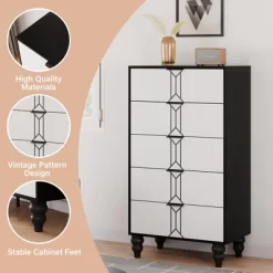 Modern Wooden 5 Drawer Dresser With Vintage Pattern Design, Tall Dresser With Deep Drawers For Bedroom, Living Room And Entryway, Oak And Gold -Garvee GUEST d3115228 16c4 41a7 9b5e 805b595ee8d1