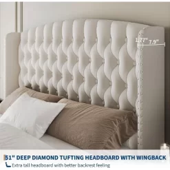 51" Tall Queen/King Size Velvet Upholstered Platform Bed Frame With Button Tufted Wingback Headboard & Footboard, No Box Spring Needed -Garvee GUEST d3a32c92 8f4e 4fe9 89fb 55cb0343f819