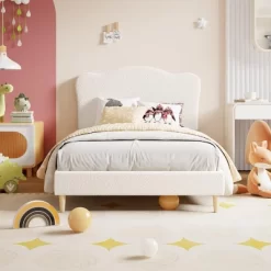 Bed Frame For Kids With Scallop Headboard, Cute Velvet Twin Bed For Girls, Boys, Sturdy Platform Bed, No Box Spring Needed, Wooden Slats, Noise Free 16 Bed Frame For Kids With Scallop Headboard, Cute Velvet Twin Bed For Girls, Boys, Sturdy Platform Bed, No Box Spring Needed, Wooden Slats, Noise Free -Garvee GUEST d3ace3b3 07b4 49ef 9632 25ca89bb3642
