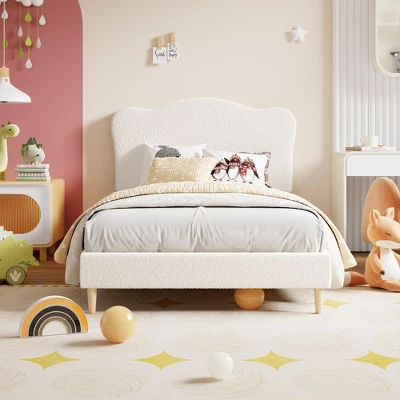 Bed Frame For Kids With Scallop Headboard, Cute Velvet Twin Bed For Girls, Boys, Sturdy Platform Bed, No Box Spring Needed, Wooden Slats, Noise Free 5 Bed Frame For Kids With Scallop Headboard, Cute Velvet Twin Bed For Girls, Boys, Sturdy Platform Bed, No Box Spring Needed, Wooden Slats, Noise Free - Image 3