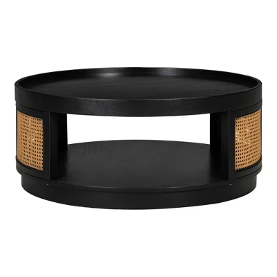 36.8'' Modern Round Coffee Table, 2 Tier Wooden Center Table With PE Rattan Side, Accent Cocktail End Table For Living Room Bedroom Office 6 36.8'' Modern Round Coffee Table, 2 Tier Wooden Center Table With PE Rattan Side, Accent Cocktail End Table For Living Room Bedroom Office - Image 4