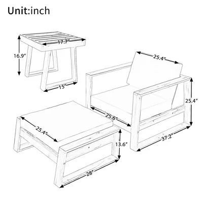 Outdoor Chaise Lounge Chair Set Of 3, Acacia Wood Conversation Set With Coffee Table, Pool Sunbathing Recliner With Ottoman For Porch Backyard 3 Outdoor Chaise Lounge Chair Set Of 3, Acacia Wood Conversation Set With Coffee Table, Pool Sunbathing Recliner With Ottoman For Porch Backyard - Image 2
