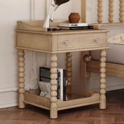 Retro Style Nightstand With Drawer And Open Shelf For Bedroom, Bedside Table With Turned Legs And Metal Handle 16 Retro Style Nightstand With Drawer And Open Shelf For Bedroom, Bedside Table With Turned Legs And Metal Handle -Garvee GUEST d5fa1b48 ca47 443e 9a04 08d6c25212e4