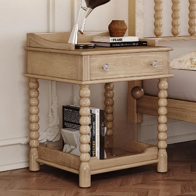 Retro Style Nightstand With Drawer And Open Shelf For Bedroom, Bedside Table With Turned Legs And Metal Handle 8 Retro Style Nightstand With Drawer And Open Shelf For Bedroom, Bedside Table With Turned Legs And Metal Handle - Image 6