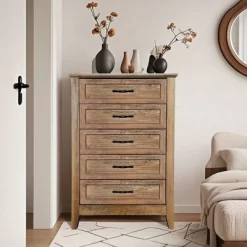 Garvee 5 Drawer Dresser, Farmhouse Tall Dresser For Closet, Rustic Chest Of Drawer With Wide Metal Handles, Wood Dressers Organizer For Bedroom -Garvee GUEST d6b575e2 9420 4ce1 9bef 8a062b8011d0